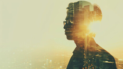 Double exposure image of business man standing back view with cityscape