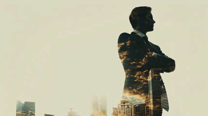 Double exposure image of business man standing back view with cityscape