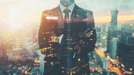 Double exposure image of business man standing back view with cityscape