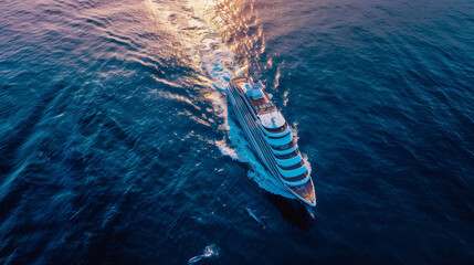 A bird's-eye view captures a luxurious cruise ship sailing through the deep blue ocean, leaving a wake behind.