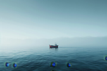 Obraz premium A single fisherman sits in a small boat, fishing in the still waters of a misty lake, enveloped in a peaceful, serene atmosphere..