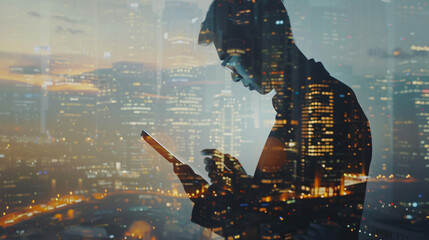 Double exposure of businessman using the tablet on city background.