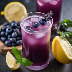 A refreshing blueberry lavender lemonade with a blueberry, lavender, and lemon garnish3