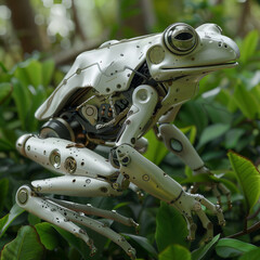 A robotic frog mimics amphibian features, engineered for hopping movements, potentially used in research, education, or environmental monitoring 3D (Generative Ai)