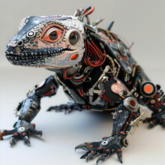 A robotic lizard replicates reptilian traits, crafted for realistic movements, potentially used in research, surveillance, or educational displays 3D (Generative Ai)
