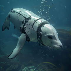 A robotic sea lion replicates marine mammal traits, crafted for underwater movement, equipped with sensors, utilized in marine research or entertainment 3D (Generative Ai)