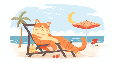 Cat on vacation at sea resting and enjoying life flat