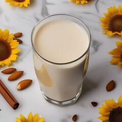A glass of creamy sunflower almond milk with a sprinkle of cinnamon5 - obrazy, fototapety, plakaty