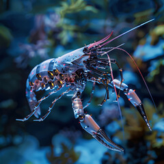 A robotic shrimp mirrors the crustacean, engineered for underwater agility, potentially used in marine research, monitoring ecosystems, or underwater exploration 3D (Generative Ai)