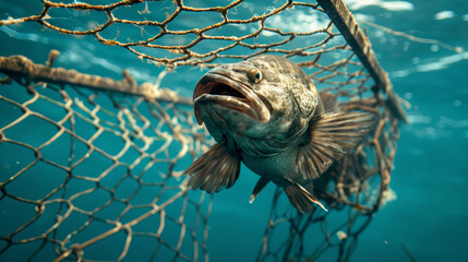 Grouper Fish Trapped in Fishing Net Underwater - obrazy, fototapety, plakaty