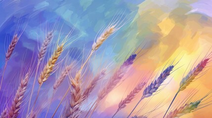 Artistic agriculture undustry background with ears of ripe wheat and a sign of wealth and well-being with bread buttered on both sides - obrazy, fototapety, plakaty