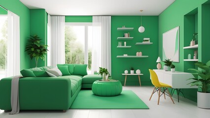 Modern Minimalist Green Living Room Interior with Vibrant Plants and Trendy Furniture.