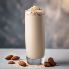A glass of creamy sesame almond milk with a sprinkle of sea salt2 - obrazy, fototapety, plakaty