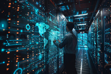 An engineer interacts with holographic interfaces inside a high-tech data center full of illuminated server racks..
