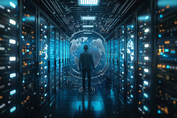 An engineer interacts with holographic interfaces inside a high-tech data center full of illuminated server racks..