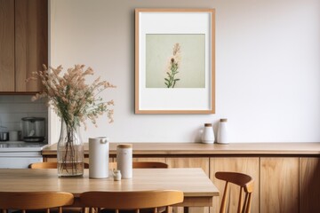 A cozy kitchen with a table, chairs, and a beautiful picture hanging on the wall