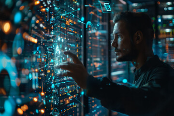 An engineer interacts with holographic interfaces inside a high-tech data center full of illuminated server racks..