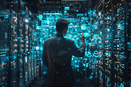 An engineer interacts with holographic interfaces inside a high-tech data center full of illuminated server racks..