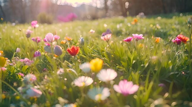 Close-Up Exploration of Green Grass Amidst Flowers A Virtual Reality Experience of a Fantasy World Captured Through Pinhole Photography