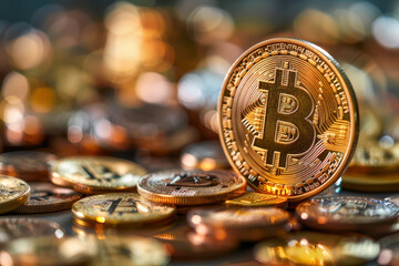 A prominent Bitcoin token stands out against a backdrop of shimmering golden bokeh, symbolizing wealth and digital currency..