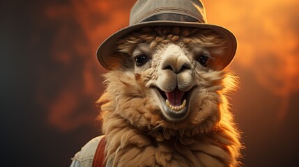 A llama up close, sporting a chic hat with a touch of whimsy