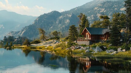 Cabin overlooking mountains and a lake