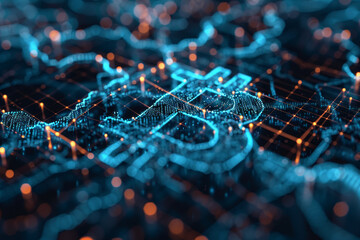 A glowing bitcoin symbol superimposed on a futuristic blue circuit board, illustrating cryptocurrency technology..