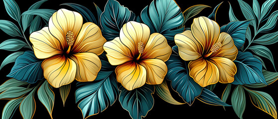 a three yellow flowers on a black background