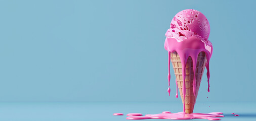 Pink ice cream dripping from a cone. Concept of fun and playfulness, as the ice cream is dripping...