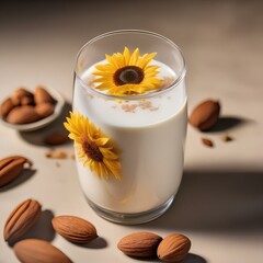 A glass of creamy sunflower almond milk with a sprinkle of cinnamon3 - obrazy, fototapety, plakaty