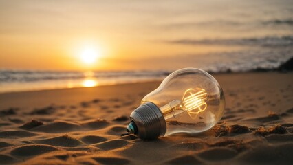 A shining lightbulb on the beach at sunrise. A perfect illustration for bright ideas and beautiful minds.