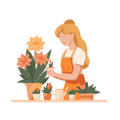 Vector flat clip art of a cute blonde woman gardener in an apron with flowers in pots isolated from background. Hobbies floristry and useful work. Trendy illustration for articles and postcards - 786918823