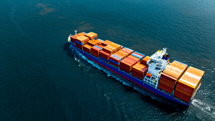 Aerial view of the freight shipping transport system cargo ship container. international transportation Export-import business, logistics, transportation industry concepts	