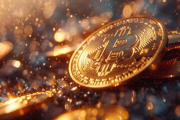 A prominent Bitcoin token stands out against a backdrop of shimmering golden bokeh, symbolizing wealth and digital currency..