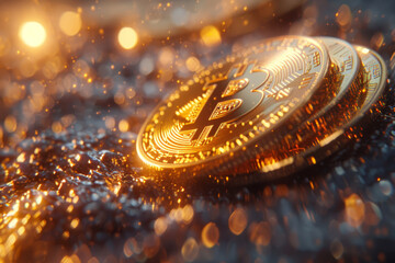 A prominent Bitcoin token stands out against a backdrop of shimmering golden bokeh, symbolizing wealth and digital currency..