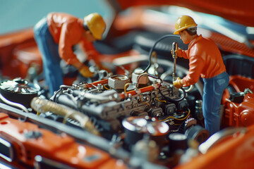 Illustration of toy auto mechanics repairing the car engine 