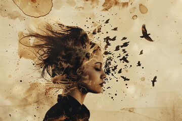 Woman and birds flying from her head and coffee stains in double exposure, thinking young woman, and awakening potential contemplation concept