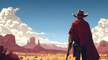 pixel art cowboy character holding gun wearing red cloak - obrazy, fototapety, plakaty