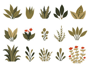 Vector set of green tropical plants and flowers isolated from background. Collection of flat hand drawn greenery bushes. Nature clipart for stickers, cards.