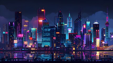 Fototapeta na wymiar pixel art urban city night view with colorful lights