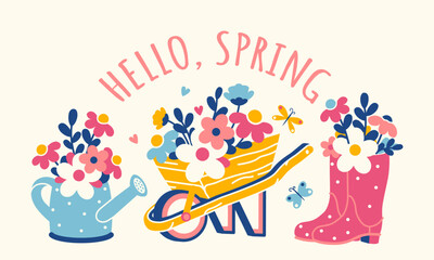''Hello, spring'' message. Cottagecore, gardening or village life concept. Wheelbarrow, watering can, boots and flowers. Vector banner, card or stickers featured lovely garden items. Vintage print.