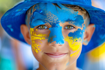 A young boy with blue and yellow face paint and a blue hat. He is smiling and looking at the camera. Photo of boy male fan with Ukraine or Sweeden flags painted on her cheeks