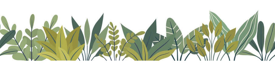 Vector seamless border with tropical plants. Natural frieze with bushes of greenery isolated from the background. - 786920095
