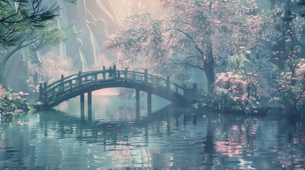 Envision an ethereal setting where delicate waves of soft green and blush hues cascade gracefully across the background