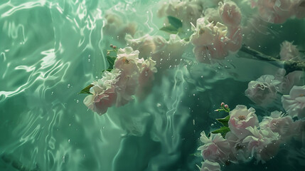 Envision an ethereal setting where delicate waves of soft green and blush hues cascade gracefully across the background. 