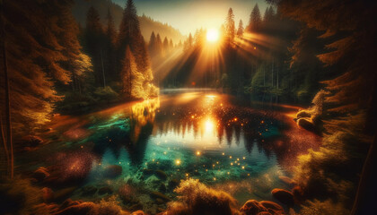 Enchanted River Flows Through a Mystical Autumn Forest - 786920401
