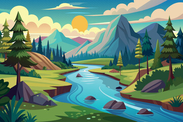 Fototapeta na wymiar River Landscape cartoon vector Illustration flat style artwork concept 
