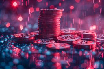 A prominent Bitcoin token stands out against a backdrop of shimmering golden bokeh, symbolizing wealth and digital currency.. - obrazy, fototapety, plakaty
