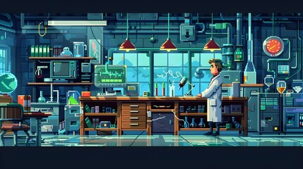 pixel art scientist performing a experiment in lab