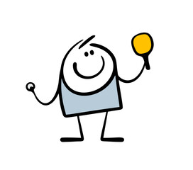 Happy boy holds a ping pong ball and a racket. Vector illustration of a table tennis competition. The child is playing. Funny athlete is a winner. Isolated cartoon character on white background.